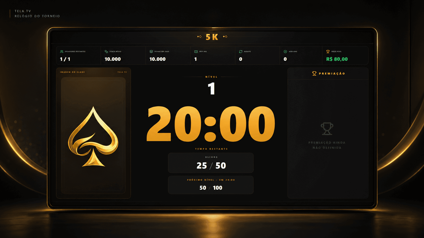Tela TV com relógio de blinds do BrisaPoker